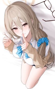 1girl absurdres akane_(blue_archive) akane_(school_uniform)_(blue_archive) black_skirt blue_archive blue_bow blue_bowtie blue_scrunchie blush bow bowtie breasts brown_cardigan brown_eyes brown_hair brown_halo cardigan finger_to_mouth glasses hair_between_eyes halo highres large_breasts long_hair looking_at_viewer lying mimikaki scrunchie shirt shushing skirt socks solo thighs unworn_eyewear wanne white_shirt white_socks