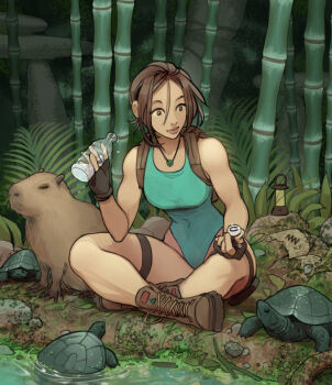 1girl aqua_leotard bamboo black_gloves boots bottle breasts brown_boots brown_eyes brown_hair capybara fingerless_gloves gloves holding holding_bottle jewelry lara_croft leotard medium_breasts necklace sitting solo tomb_raider turtle vashperado water