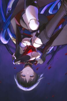 1boy 57friend absurdres armor artist_name black_bodysuit black_hair black_kimono black_shorts black_sleeves blunt_ends bodysuit bright_pupils cable covering_chest covering_privates covering_stomach doll_joints eyeliner eyeshadow furisode genshin_impact gold han&#039;eri hand_on_own_shoulder highres hole_in_chest hole_on_body japanese_armor japanese_clothes jewelry joints kimono knees_together_feet_apart kote kurokote layered_kimono layered_sleeves looking_at_viewer makeup male_focus mandarin_collar neck_ring o-ring open_clothes open_kimono open_mouth purple_eyes purple_sash purple_sleeves red_eyeliner red_eyeshadow red_kimono red_sash sash scaramouche_(genshin_impact) shards short_sleeves shorts solo underlighting upside-down white_mouth white_pupils white_trim