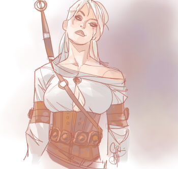 1girl armband breasts brown_armband brown_corset brown_lips carrying_over_shoulder ciri cleavage collarbone corset eyeshadow gradient_background grey_background half-closed_eyes head_tilt leather_corset long_hair looking_to_the_side makeup mature_female otto_schmidt pectoral_cleavage pectorals shirt signature single_bare_shoulder solo sword the_witcher_(series) the_witcher_3 waistband weapon white_background white_hair white_shirt