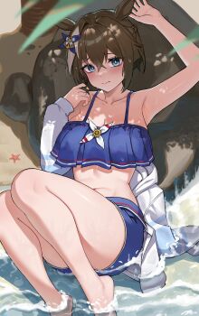 Rule 34 | 1girl, absurdres, animal ears, arm up, armpits, bare shoulders, barefoot, beach, bikini, bikini shorts, blue bikini, blue eyes, blue swim trunks, blush, braid, breasts, brown hair, cheval grand (summer calm navy drop) (umamusume), cheval grand (umamusume), closed mouth, collarbone, hair between eyes, highres, horse ears, horse girl, horse tail, iffyru, jacket, jacket partially removed, knees up, legs, looking at viewer, multicolored hair, navel, official alternate costume, official alternate hairstyle, outdoors, rock, short hair, shorts, solo, stomach, streaked hair, swimsuit, tail, umamusume, water, white hair, white jacket, white streaks