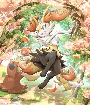 1girl 1other absurdres animal_ear_fluff animal_ears animal_feet animal_nose arm_up artist_name autumn_leaves black_fur body_fur braixen dated day delphox dutch_angle fang feet female_focus fennekin flat_chest forest fox_ears fox_girl fox_tail full_body furry furry_female gen_6_pokemon grass happy highres holding holding_stick jumping katkichi leaf legs looking_at_another looking_back multicolored_fur nature neck_fur nintendo open_mouth outdoors outline path pokemon pokemon_(creature) red_eyes road signature smile snout solo_focus standing stick tail tree white_fur white_outline yellow_fur