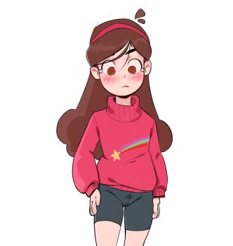 1girl bike_shorts black_shorts blush brown_eyes brown_hair gravity_falls groin hairband hands_on_own_thighs loli long_hair mabel_pines nanda pink_sweater shorts solo sweater thighs turtleneck turtleneck_sweater