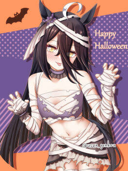 1girl animal_ears bandages black_hair claw_pose hair_between_eyes highres horse_ears horse_girl long_hair looking_at_viewer manhattan_cafe_(umamusume) naked_bandage solo tongue tongue_out umamusume yellow_eyes yuusen_(aenka)