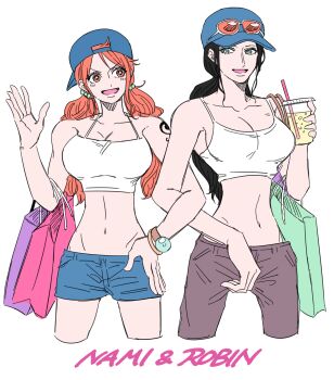 Rule 34 | 2girls, bag, bangle, bare shoulders, baseball cap, black hair, blue hat, blue shorts, bracelet, breasts, camisole, character name, closed mouth, collarbone, commentary request, cowboy shot, crop top, cropped legs, cropped shirt, cup, denim, denim shorts, disposable cup, drinking straw, hat, highres, holding, holding bag, holding cup, jewelry, large breasts, locked arms, log pose, long hair, low twintails, midriff, mike (tomatomato244), multiple girls, nami (one piece), navel, nico robin, one piece, open mouth, orange eyes, orange hair, shopping bag, short shorts, shorts, shoulder tattoo, tattoo, twintails, wavy hair, white background, white camisole