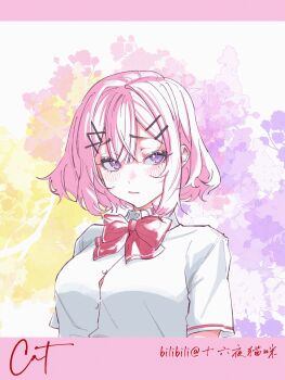 1girl absurdres amaori_renako blush bow bowtie button_gap chinese_commentary closed_mouth commentary_request dress_shirt hair_ornament hairclip highres huaxue_maomi parallel_hairclips pink_hair purple_eyes red_bow red_bowtie shirt short_hair short_sleeves solo upper_body watashi_ga_koibito_ni_nareru_wake_naijan_murimuri! white_shirt