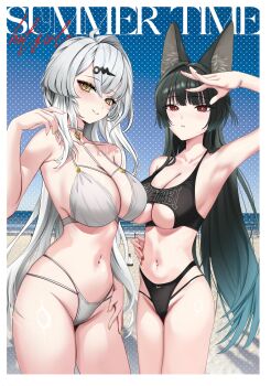 2girls absurdres animal_ear_fluff animal_ears arm_up beach bikini black_bikini black_hair breasts choker cleavage fox_ears highres hoshimi_miyabi large_breasts long_hair multiple_girls navel red_eyes red_nails smile stomach swimsuit very_long_hair volar_uwu white_bikini white_choker white_hair yellow_eyes yixuan_(zenless_zone_zero) zenless_zone_zero