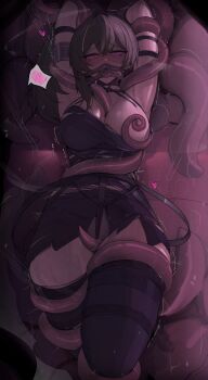 1girl absurdres bdsm black_dress black_thighhighs blindfold bondage bound breasts commentary defeat dress english_commentary gag highres kajoki looking_at_viewer nipple_stimulation nipple_tweak purple_eyes restrained side_ponytail solo sousou_no_frieren tentacles thighhighs ubel_(sousou_no_frieren)