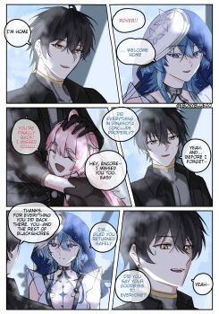 1boy 2girls absurdres black_hair black_jacket blue_hair blue_veil colored_eyelashes commentary ebonyblue00 encore_(wuthering_waves) english_commentary english_text grey_shirt hair_between_eyes highres hug jacket long_hair male_rover_(wuthering_waves) multiple_girls pink_hair purple_eyes rover_(wuthering_waves) shirt shorekeeper_(wuthering_waves) smile two-tone_veil veil white_veil wuthering_waves yellow_eyes