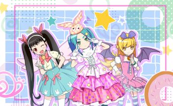 Rule 34 | 3d, 3girls, angel wings, animal print, aqua bow, aqua hair, aqua pantyhose, aqua skirt, aqua theme, arms behind back, artist request, back bow, backpack, bag, bare arms, bat wings, black hair, black wings, blonde hair, blue background, blush stickers, border, bow, bow hairband, bowtie, bracelet, brooch, buttons, capelet, card commentary, center frills, center opening, checkered bow, checkered clothes, checkered dress, checkered hat, choker, closed mouth, commentary, cowboy shot, cross-laced clothes, cross-laced dress, donut, dot nose, double v, dress, dress bow, expressionless, fake wings, fang, food, food-themed choker, forehead, frilled dress, frilled gloves, frills, game cg, gloves, googly eyes, green eyes, grid background, hachikuji mayoi, hair bow, hair ornament, hairband, hairclip, halftone, hand on own hip, happy, hat, hat bow, high-waist skirt, highres, jewelry, lace, lace-trimmed thighhighs, lace trim, large bow, light blush, light frown, long hair, magical girl, mahou shoujo madoka magica, mahou shoujo madoka magica magia exedra, mini hat, monogatari (series), multicolored thighhighs, multiple girls, navel, official art, one eye closed, ononoki yotsugi, open mouth, orange bow, orange hat, oshino shinobu, outline, outside border, pantyhose, petticoat, pink bag, pink bow, pink dress, pink wings, pleated dress, pointing, pointing up, print dress, print skirt, puffy short sleeves, puffy sleeves, purple bow, purple bowtie, purple choker, purple hairband, purple outline, purple thighhighs, rabbit print, red bow, red bowtie, red eyes, ribbed thighhighs, ribbon, shirt, shirt under dress, short dress, short sleeves, skirt, skirt bow, sleeveless, sleeveless dress, smirk, snail, square neckline, standing, star (symbol), star brooch, star hair ornament, star print, straight hair, striped clothes, striped thighhighs, suspender skirt, suspenders, thick eyebrows, thighhighs, third-party source, turtleneck capelet, twintails, two-tone bow, two-tone hat, two-tone thighhighs, unmoving pattern, v, v-shaped eyebrows, very long hair, waist ribbon, white border, white capelet, white gloves, white hairband, white ribbon, white shirt, white thighhighs, white wrist cuffs, winged bag, wings, wrist cuffs, yellow bow, yellow eyes, yellow hat