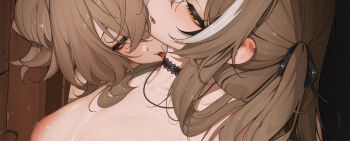 2girls black_choker black_hair blush breasts brown_hair choker commentary crossover english_commentary eyelashes greatodoggo green_eyes grey_hair highres hololive indie_virtual_youtuber licking licking_another's_neck multicolored_hair multiple_girls nanashi_mumei nimi_nightmare nipple_piercing nipples nude one_side_up piercing small_breasts streaked_hair thumbnail_collage tongue tongue_out twintails upper_body virtual_youtuber yuri