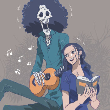 +++ 1boy 1girl afro blue_shirt book brook_(one_piece) collared_shirt commentary_request hair_slicked_back highres holding holding_book holding_instrument holding_ukulele instrument laughing long_hair looking_at_another looking_up musical_note nico_robin one_piece shirt sidelocks sitting smile teeth tomatop ukulele upper_teeth_only