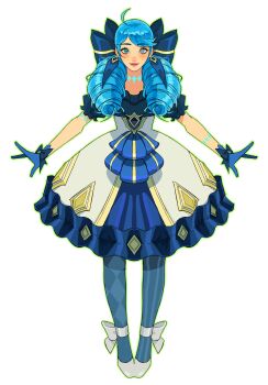 Rule 34 | 1girl, absurdres, ahoge, bare shoulders, black bow, black pantyhose, blush, bow, breasts, detached sleeves, dress, drill hair, gloves, green eyes, green hair, grey background, gwen (league of legends), hair bow, hashtag-only commentary, highres, league of legends, long hair, looking at viewer, pantyhose, puffy short sleeves, puffy sleeves, purple gloves, short sleeves, simple background, smile, solo, sorrysett (sebung-i), twin drills, twintails, white dress