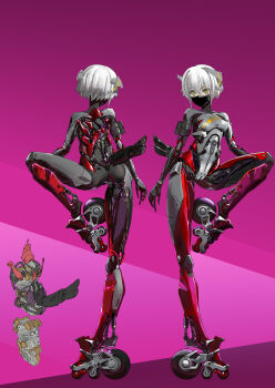 1girl absurdres arm_pouch ass breasts carbon_fiber cyborg engine exhaust_pipe from_behind full_body headgear highres joints jsrs2099 leg_up looking_at_viewer mask mouth_mask multiple_views original piston purple_background robot_joints science_fiction short_hair small_breasts solo standing standing_on_one_leg very_short_hair wheel wheeled_leg(s) white_hair yellow_eyes