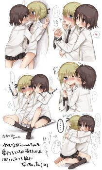 2girls arms_up bdsm blonde_hair blue_eyes blush bondage bound bound_wrists brown_hair chain cuffs embarrassed finger_in_another&#039;s_mouth girl_on_top hair_ribbon hanabi_(yuruneko0624) heart highres kill_me_baby kiss kissing_cheek leg_between_thighs long_hair multiple_girls necktie open_mouth oribe_yasuna restrained ribbon school_uniform short_hair skirt socks sonya_(kill_me_baby) speech_bubble spoken_heart straddling surprised thigh_straddling thought_bubble translation_request twintails upright_straddle yuri