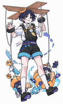 1boy animalization belt black_hair black_overalls black_shorts blue_bow blue_fire blunt_ends bow candy casual cat_hair_ornament character_doll colored_inner_hair contemporary curled_fingers doll eyeliner eyeshadow feathers fingernails fire food full_body fur_wrist_cuffs genshin_impact hair_ornament halloween_costume hands_up happy_halloween highres jack-o&#039;-lantern looking_at_viewer makeup male_focus marionette marionette_controller multicolored_hair munya_(pic) official_alternate_costume overalls paw_pose person_and_animalization pom_pom_(clothes) pumpkin_hat puppet purple_belt purple_eyes purple_hair red_eyeliner red_eyeshadow scaramouche_(cat)_(genshin_impact) scaramouche_(genshin_impact) shirt short_sleeves shorts tongue tongue_out undershirt wanderer_(genshin_impact) white_background white_shirt white_sleeves wrist_cuffs yellow_feathers