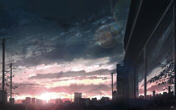 building chinese_commentary city cloud cloudy_sky commentary_request huashijw lens_flare no_humans original outdoors power_lines reflection scenery signature sky star_(sky) starry_sky sunset utility_pole window