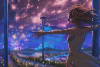 1girl 2018 artist_name brown_hair cloud commentary_request constellation dress film_grain from_behind grass highres medium_hair mountainous_horizon night night_sky original outstretched_arms power_lines sky sleeveless sleeveless_dress solo spread_arms star_(sky) starry_sky teardrops_(user_vgvd7733) upper_body utility_pole vanishing_point water white_dress