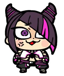 Rule 34 | 1girl, :3, anger vein, angry, anklet, bkub, black hair, black pants, blush, bracelet, chibi, chibi only, choker, fingerless gloves, full body, gloves, hair horns, hair over one eye, halterneck, han juri, jewelry, looking at viewer, multicolored hair, open mouth, pants, pink gloves, pink hair, purple eyes, short hair, simple background, smile, solo, spiked anklet, spiked bracelet, spiked choker, spikes, streaked hair, street fighter, vest, white background, white vest