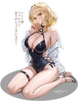 1girl artist_name bare_shoulders black_one-piece_swimsuit blonde_hair blush breasts cleavage covered_navel full_body hand_up high_heels highres kneeling large_breasts long_sleeves looking_at_viewer medium_hair off_shoulder one-piece_swimsuit open_clothes open_shirt original parted_lips red_eyes shirt simple_background skindentation solo swimsuit thigh_strap thighs toyoman translation_request twitter_username white_background white_shirt