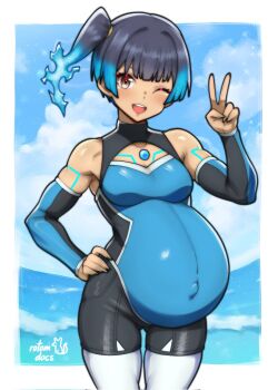 1girl ;d bare_shoulders black_hair blue_hair blush bodysuit breasts brown_eyes chest_jewel covered_navel cowboy_shot day detached_sleeves diving_suit fiery_hair gluteal_fold highres medium_breasts official_alternate_costume one_eye_closed open_mouth outdoors pregnant rotomdocs sena_(xenoblade) skin_tight smile solo toned toned_female unitard v water wetsuit xenoblade_chronicles_(series) xenoblade_chronicles_3