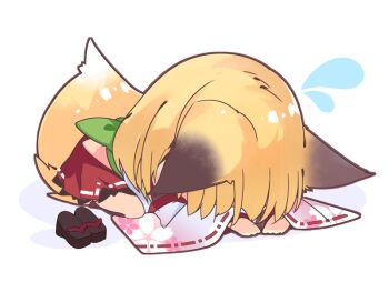 1girl animal_ears blonde_hair chibi dogeza floral_print flying_sweatdrops fox_ears fox_girl fox_tail japanese_clothes medium_hair okobo original platform_sandals red_skirt ribbon-trimmed_sleeves ribbon_trim sandals shirokitsune shiroro shoes simple_background skirt solo tail unworn_shoes white_background wide_sleeves