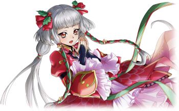 1girl black_gloves blush christmas code_geass code_geass:_lost_stories dress f4samurai gloves grey_hair happy highres long_hair long_sleeves official_art open_mouth red_dress sidelocks simple_background smile solo tianzi two_side_up very_long_hair white_hair