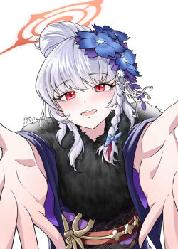 Rule 34 | 1girl, 2023, absurdres, artist name, blue archive, blue kimono, blush, braid, commentary request, dated, easel (djeasel), floral print, flower, fur-trimmed kimono, fur trim, hair bun, hair flower, hair ornament, halo, haruna (blue archive), haruna (new year) (blue archive), highres, japanese clothes, kimono, korean commentary, looking at viewer, obi, official alternate costume, open mouth, outstretched arms, pov, red eyes, sash, side braid, signature, simple background, single braid, solo, teeth, tsurime, upper teeth only, white background, white hair