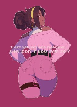 1girl alternate_hair_length alternate_hairstyle artist_self-insert ass belt blue_eyeshadow blue_lips breasts brown_hair commentary cropped_legs dark-skinned_female dark_skin denim earrings english_commentary english_text eyeshadow female_focus from_behind gold_hairband gyaru hair_bun hairband highres hoop_earrings jeans jewelry large_breasts licking_lips lipstick looking_back makeup nyantcha off-shoulder_sweater off_shoulder pants pink_pants pink_sweater public_indecency public_vibrator real_life red_eyes remote_control_vibrator ribbed_sweater sex_toy single_hair_bun sleeveless sleeveless_turtleneck solo sweater thick_thighs thighs tongue tongue_out tsona_(nyantcha) turtleneck updo vibrator vibrator_cord vibrator_in_thigh_strap walking