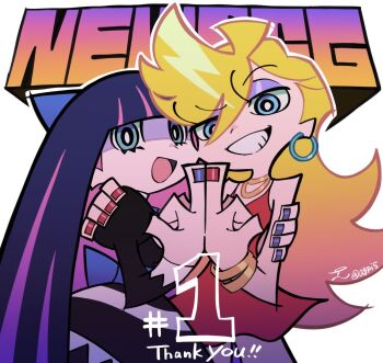 2girls :d bare_arms bare_shoulders black_dress blonde_hair blue_eyes blunt_bangs bracelet commentary_request cowboy_shot dress earrings english_text furrowed_brow garterbelt_(psg) grin hand_on_another&#039;s_arm hand_on_another&#039;s_shoulder hands_up hoop_earrings jewelry long_hair long_sleeves looking_at_viewer medium_dress multicolored_hair multiple_girls necklace open_mouth outline panties panty_&amp;_stocking_with_garterbelt panty_(psg) piko_han pink_hair purple_hair purple_nails red_dress red_nails short_dress siblings signature simple_background sisters smile standing stocking_(psg) straight_hair twitter_username two-tone_hair underwear v-shaped_eyebrows wavy_hair white_background white_outline white_panties