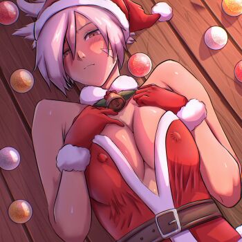 breasts brown_eyes christmas commentary covered_erect_nipples deabound1 dress english_commentary facial_mark gloves hat highres league_of_legends light_blush lying no_bra riven_(league_of_legends) santa_costume santa_dress santa_hat white_hair