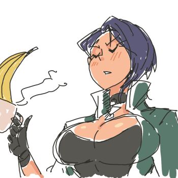 1girl banana blue_hair blush breasts cleavage closed_eyes coffee_mug cup davewaterfalls fire_emblem fire_emblem:_three_houses food fruit gloves holding large_breasts mug nintendo shamir_nevrand short_hair simple_background solo