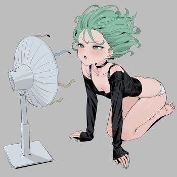 Rule 34 | 1girl, alternate costume, black choker, black shirt, breasts, bygin, chinese commentary, choker, collarbone, commentary request, electric fan, floating hair, forehead, green eyes, green hair, green nails, grey background, highres, kneeling, long hair, long sleeves, one-punch man, open mouth, panties, shirt, simple background, sitting, sleeves past wrists, small breasts, solo, tatsumaki, underwear, white panties