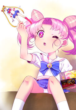 1girl bishoujo_senshi_sailor_moon blue_bow blue_skirt bow box bright_pupils chibi_usa cone_hair_bun curtained_hair double_bun earrings figure flat_chest hair_bun hand_up heart highres himehachi_(hime8manga) holding holding_box holding_figure jewelry miniskirt one_eye_closed open_mouth panties pantyshot pink_hair pleated_skirt puffy_short_sleeves puffy_sleeves red_eyes sailor_collar sailor_moon school_uniform serafuku shirt short_hair short_sleeves sitting skirt socks solo tsukino_usagi twintails underwear v-shaped_eyebrows white_panties white_pupils white_sailor_collar white_shirt white_socks