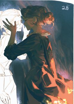 2girls absurdres black_dress brown_hair burning character_request closed_eyes dayang17137 dress face-to-face fire hair_bun highres multiple_girls portrait_of_a_lady_on_fire profile single_hair_bun updo yuri