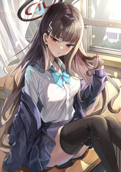 1girl black_hair black_thighhighs blue_archive blue_bow blue_bowtie bow bowtie collared_shirt curtains desk hair_ornament halo highres long_hair long_sleeves on_desk pleated_skirt red_nails rio_(blue_archive) school_desk shirt sitting skirt solo suidou_chaahan thighhighs white_shirt