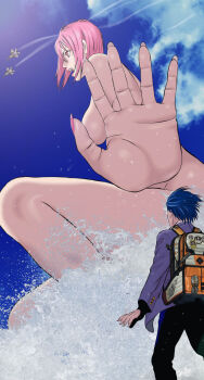 1boy 1girl aircraft airplane backpack bag black_pants blue_hair breasts cloud facing_away feet_out_of_frame floating_hair from_below giant giantess gigant_(series) hair_between_eyes highres jacket large_breasts lips long_sleeves mole mole_under_eye mole_under_mouth nail_polish nude official_art oku_hiroya open_hand open_mouth palms pants papico_(gigant) pink_eyes pink_hair pink_lips pink_nails profile purple_jacket short_hair sky splashing spread_fingers squatting standing teeth upper_teeth_only v-shaped_eyebrows water wind wind_lift yokoyamada_rei_(gigant)