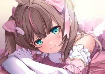 1girl absurdres ahoge aqua_eyes bare_shoulders blush bow braid brown_hair closed_mouth detached_sleeves dress elbow_gloves frills gloves hair_bow hair_ornament heart heart_hair_ornament highres hololive long_hair looking_at_viewer lying magical_girl mini_wings multicolored_hair natsuiro_matsuri on_stomach pink_bow pink_dress pink_hair puffy_short_sleeves puffy_sleeves shagaihi short_sleeves sleeveless smile solo streaked_hair twintails virtual_youtuber white_gloves wing_hair_ornament wings
