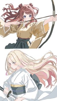 Rule 34 | 2girls, aiming, arrow (projectile), back bow, black bow, black hakama, blonde hair, blue eyes, blush, bow, bow (weapon), brown hair, brown kimono, closed mouth, commentary request, cropped torso, drawing bow, drawing sword, floating hair, gakuen idolmaster, hair rings, hakama, hanami saki, highres, holding, holding arrow, holding bow (weapon), holding sheath, holding sword, holding weapon, idolmaster, japanese clothes, juo sena, kamitosayu, katana, kimono, long hair, long sleeves, looking ahead, looking at viewer, multicolored hair, multiple girls, obi, obiage, obijime, pink streaks, purple eyes, sash, sheath, simple background, streaked hair, sword, two side up, unsheathing, upper body, weapon, white background, white kimono, wide sleeves