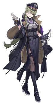 1girl absurdres armband black_boots black_coat black_gloves black_hat black_skirt boots braid breasts brown_coat brown_pantyhose chinese_commentary coat collared_shirt commentary_request full_body gloves green_hair gun hand_up handgun hat head_tilt high_heels highres holding holding_gun holding_sword holding_weapon knee_boots large_breasts long_hair long_skirt mole mole_under_eye multicolored_boots multicolored_coat original pantyhose parted_lips purple_armband purple_eyes revolver shirt simple_background skirt solo standing sword tachi-e thigh_strap transparent_background two-tone_boots two-tone_coat weapon white_boots white_shirt wide_sleeves wuren