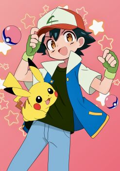 1boy :d absurdres ash_ketchum black_hair brown_eyes commentary_request fingerless_gloves gen_1_pokemon gloves green_gloves hand_on_headwear happy hat highres jacket male_focus nintendo open_clothes open_jacket open_mouth pants pikachu pink_background poke_ball poke_ball_(basic) pokemon pokemon_(anime) pokemon_(classic_anime) pokemon_(creature) shirt short_hair short_sleeves smile soramame_(mvfn8342) star_(symbol)