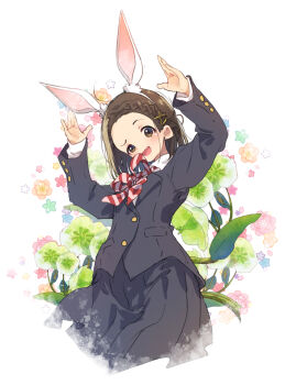 1girl :d akebi-chan_no_serafuku animal_ear_hairband animal_ears arms_up black_jacket black_skirt blazer blush bow bowtie braid brown_eyes brown_hair collared_shirt commentary_request cowboy_shot fake_animal_ears flower_symbol hair_slicked_back hairband hamayumiba_sou highres jacket looking_at_viewer loose_hair_strand medium_hair open_mouth pink_bow pink_bowtie plant pleated_skirt rabbit_ear_hairband rabbit_ears rabbit_pose raised_eyebrow red_bow red_bowtie roubai_academy_school_uniform_(new) shirt side_braid skirt smile solo usagihara_touko white_background white_shirt
