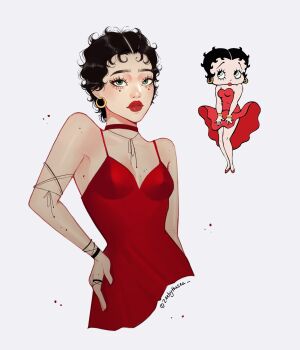 Rule 34 | 1girl, aegyo sal, betty boop, black hair, bracelet, breasts, choker, closed mouth, curly hair, dress, earrings, eyelashes, gold earrings, green eyes, hand on own hip, highres, hoop earrings, jewelry, looking to the side, looking up, mole, mole on arm, mole on breast, mole on forehead, mole on hand, mole under each eye, mole under eye, multiple moles, paramount pictures, red choker, red dress, red lips, redesign, reference inset, ring, short hair, simple background, spaghetti strap, thick eyebrows, thick lips, twitter username, upper body, very short hair, white background, zeebythesea
