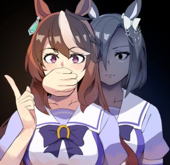 2girls air_groove_(umamusume) animal_ears bow covering_another&#039;s_mouth ear_bow ear_chain earrings empty_eyes expressionless gregory_house_kidnap_a_child_(meme) highres hinghoi horse_ears horse_girl index_finger_raised jewelry linked_piercing meme multicolored_hair multiple_girls no_pupils piercing school_uniform single_earring streaked_hair symboli_rudolf_(umamusume) tracen_school_uniform umamusume