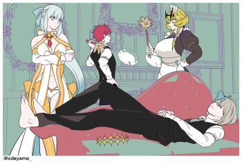 2boys 2girls apron artist_name barghest_(fate) barghest_(swimsuit_archer)_(second_ascension)_(fate) blonde_hair blue_eyes bow brown_hair bug butterfly closed_eyes fate/grand_order fate_(series) hair_between_eyes hair_bow highres insect long_hair maid_apron morgan_le_fay_(fate) morgan_le_fay_(water_princess)_(fate) multiple_boys multiple_girls oberon_(fate) odeyama ponytail red_hair short_hair swimsuit very_long_hair vest white_hair