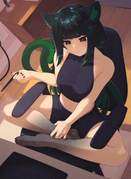1girl absurdres animal_ear_fluff animal_ears animal_feet bare_arms bare_legs bare_shoulders barefoot black_nails black_shorts blush cat_ears cat_girl cat_tail chair commentary commission drawing_tablet electrical_outlet english_commentary from_above full_body green_eyes green_hair hand_on_own_ankle highres holding holding_stylus indian_style indoors long_hair midriff multiple_tails nail_polish navel office_chair original short_shorts shorts sitting solo stylus swivel_chair tail whiskers wooden_floor yoako