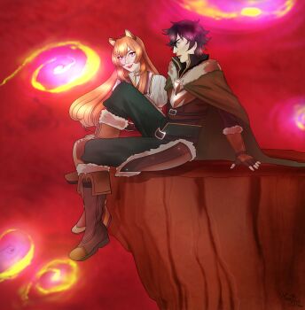 1boy 1girl absurdres animal_ear_fluff animal_ears arm_support armor belt black_belt black_hair black_shirt boots breastplate brown_belt brown_boots brown_gloves brown_hair brown_shirt cliff cloak closed_mouth collared_dress collared_shirt commentary dress elbow_gloves english_commentary fingerless_gloves floating_hair fur-trimmed_armor fur-trimmed_boots fur-trimmed_cloak fur-trimmed_gloves fur_trim gloves green_cloak green_eyes green_pants high_collar highres iwatani_naofumi knee_boots layered_dress leather_armor leg_up lips long_hair long_sleeves looking_at_viewer martyna-chan messy_hair pants pink_eyes pinstripe_dress pinstripe_pattern raccoon_ears raccoon_girl raphtalia red_dress red_skirt shirt short_hair sitting skirt sleeveless sleeveless_dress smile straight_hair tassets tate_no_yuusha_no_nariagari thigh_boots two-tone_dress v-shaped_eyebrows white_background white_dress