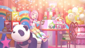 1girl :d aged_down balloon bloom_festival_(project_sekai) blush book chair child colorful_palette flower game_cg hair_flower hair_ornament happy highres holding holding_picture_frame kamishiro_rui kiritani_haruka kusanagi_nene official_art ootori_emu ootori_hinata ootori_keisuke_(project_sekai) ootori_rakunosuke ootori_shousuke open_mouth orange_shorts phenny_(project_sekai) picture_frame pink_eyes pink_hair pink_shirt pink_shoes project_sekai rainbow_thighhighs shirt shoes shorts sitting sitting_on_stuffed_toy smile star_(symbol) star_print stuffed_animal stuffed_panda stuffed_toy table tenma_tsukasa third-party_source toy_box yellow_flower