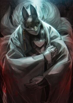 1boy 1girl andersonkun765 black_hair black_nails black_sailor_collar black_sclera black_serafuku black_shirt bridal_gauntlets colored_sclera couple earrings fox_mask fox_mask_(silent_hill) hair_over_one_eye hair_over_shoulder hetero highres hug hug_from_behind japanese_clothes jewelry mask multiple_tails nail_polish robe sailor_collar school_uniform serafuku shimizu_hinako shirt silent_hill_(series) silent_hill_f single_earring smile tail tassel tassel_earrings upper_body white_hair white_robe yellow_eyes
