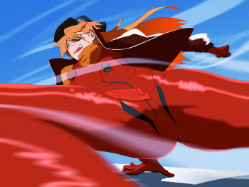 1girl arm_support artist_request ass black_hat blue_eyes blue_sky bodysuit breasts brown_hair evangelion:_3.0_you_can_(not)_redo eyepatch floating_hair foreshortening hair_between_eyes hat highres jacket jumping legs_apart long_hair low_angle mecha_pilot_suit medium_breasts neon_genesis_evangelion open_clothes open_jacket open_mouth plugsuit_(evangelion) rebuild_of_evangelion red_bodysuit simple_background sky solo souryuu_asuka_langley track_jacket two_side_up wide_hips wind